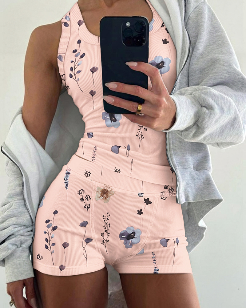 

Conjunto de 2 piezas con estampado floral, camiseta sin mangas con cuello en U y pantalones cortos con cintura elástica, conjunto de canalé de corte entallado, Pink