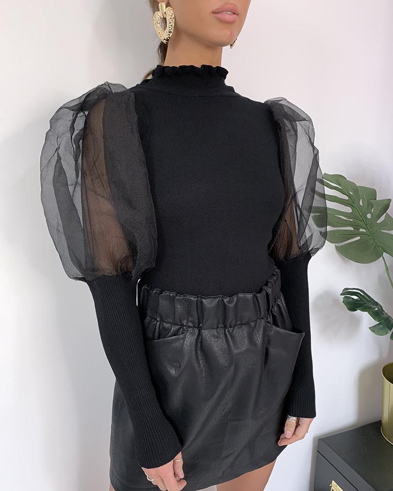 

Solid Patchwork Mesh Puff Sleeve Blouse, Black