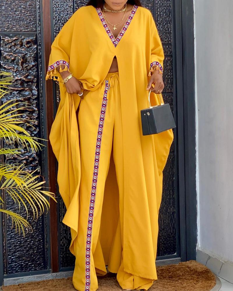 

Contrast Tribal Tassel Trim High Slit Longline Top & Pants Set, Yellow