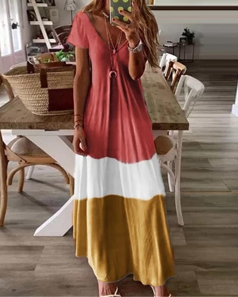 

V-Neck Short Sleeve Colorblock Maxi Dress, Red