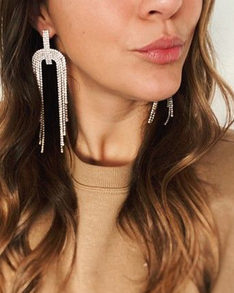 

1Pair Asymmetrical Tassel Design Rhinestone Drop Earrings, Silver