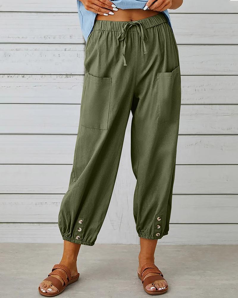 

Buttoned Pocket Design Drawstring Cuffed Pants, Army green