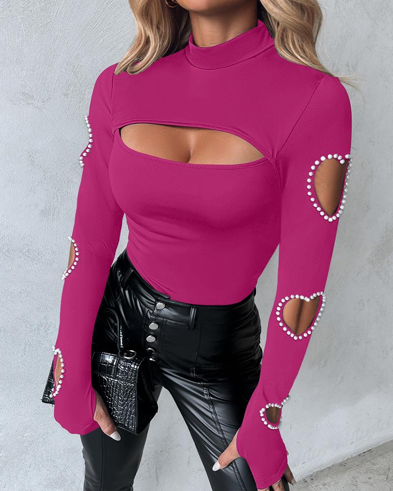 

Beaded Decor Cutout Long Sleeve Top, Hot pink