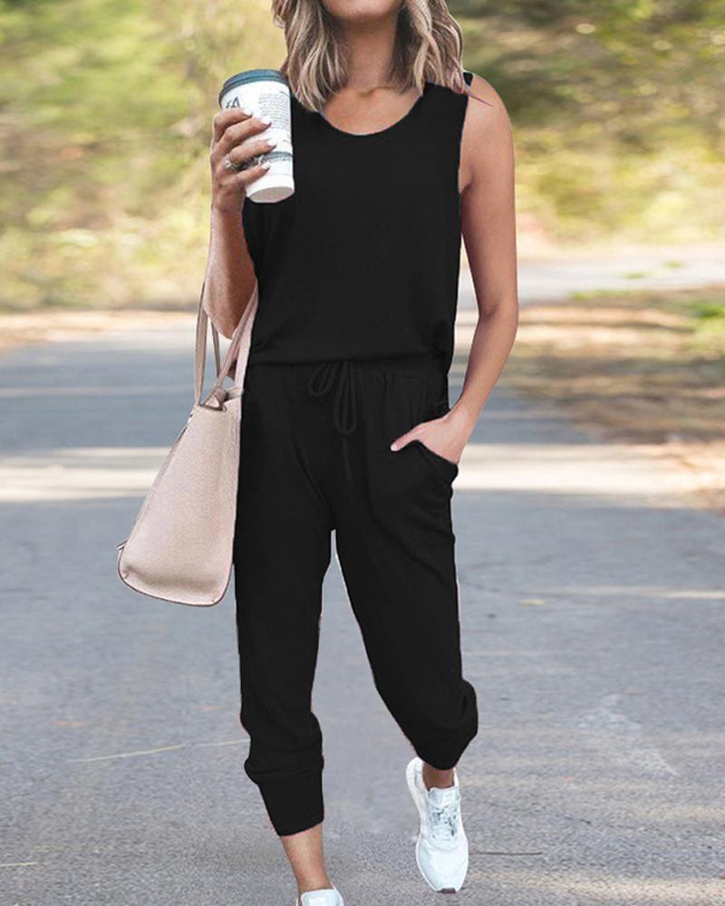 

Casual Tank Top & Drawstring Pants Set, Black