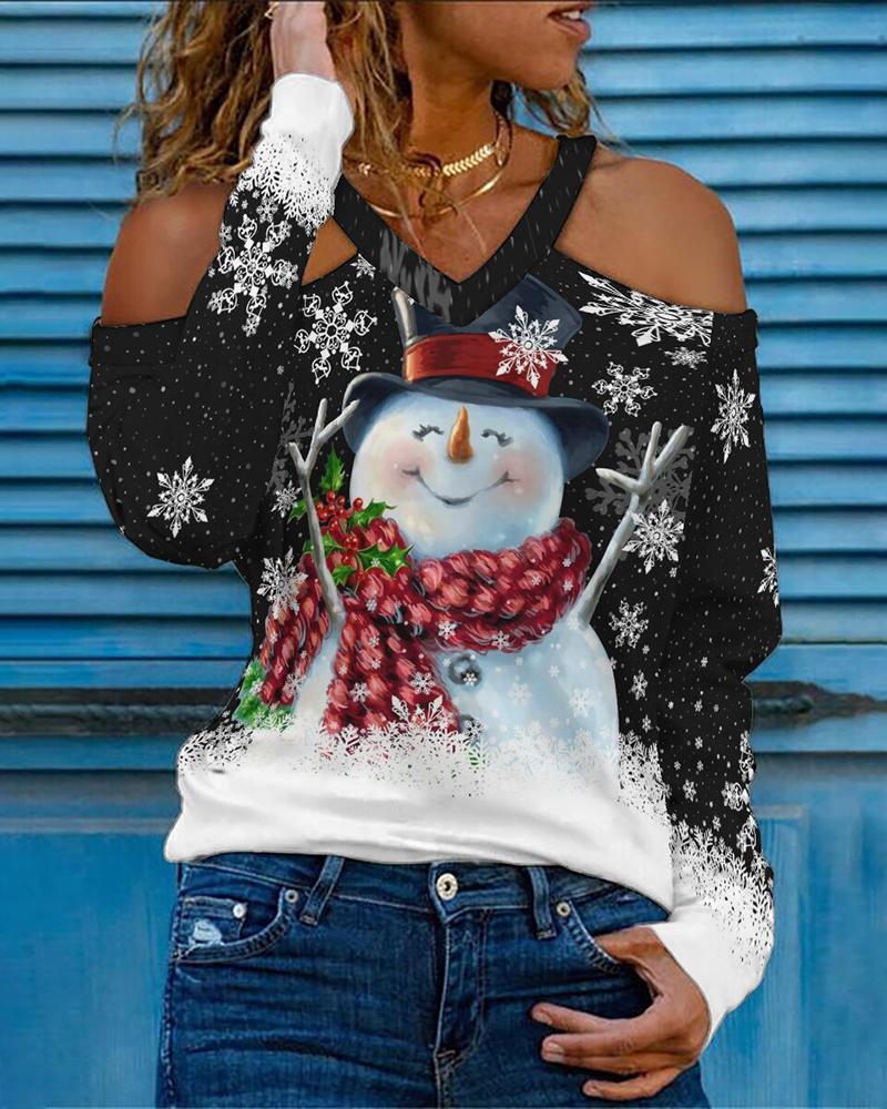 

Christmas Cold Shoulder Snowflake Snowman Print Top, Black