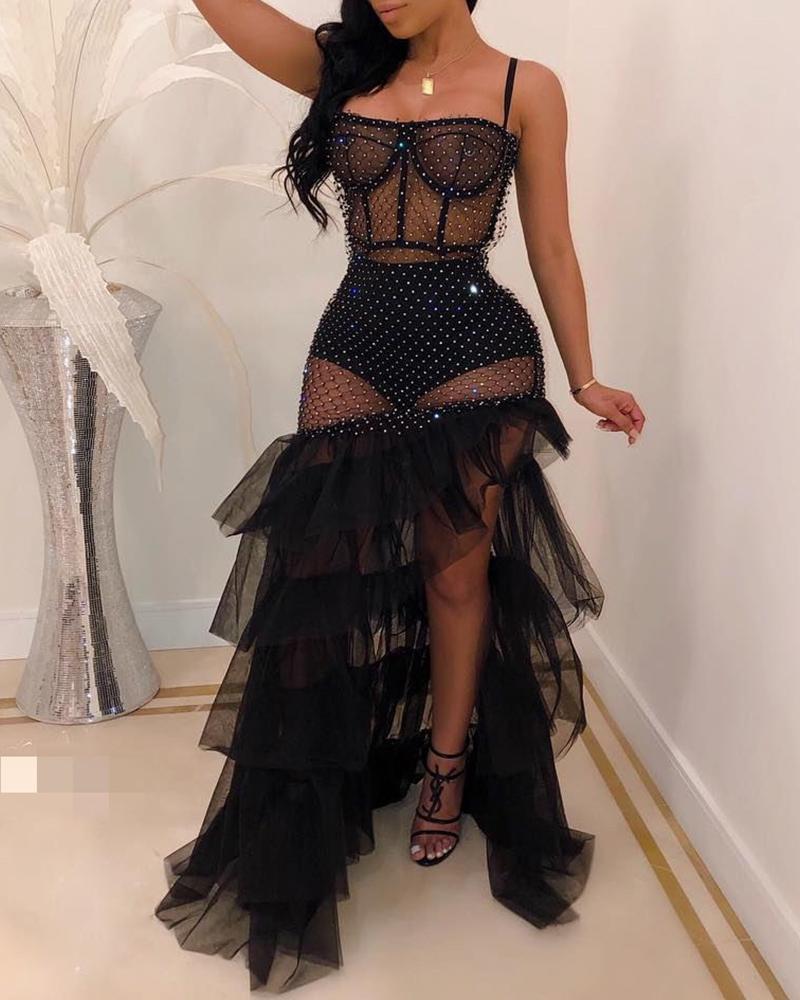 

Sheer Mesh Rhinestone Slit Party Dress, Black