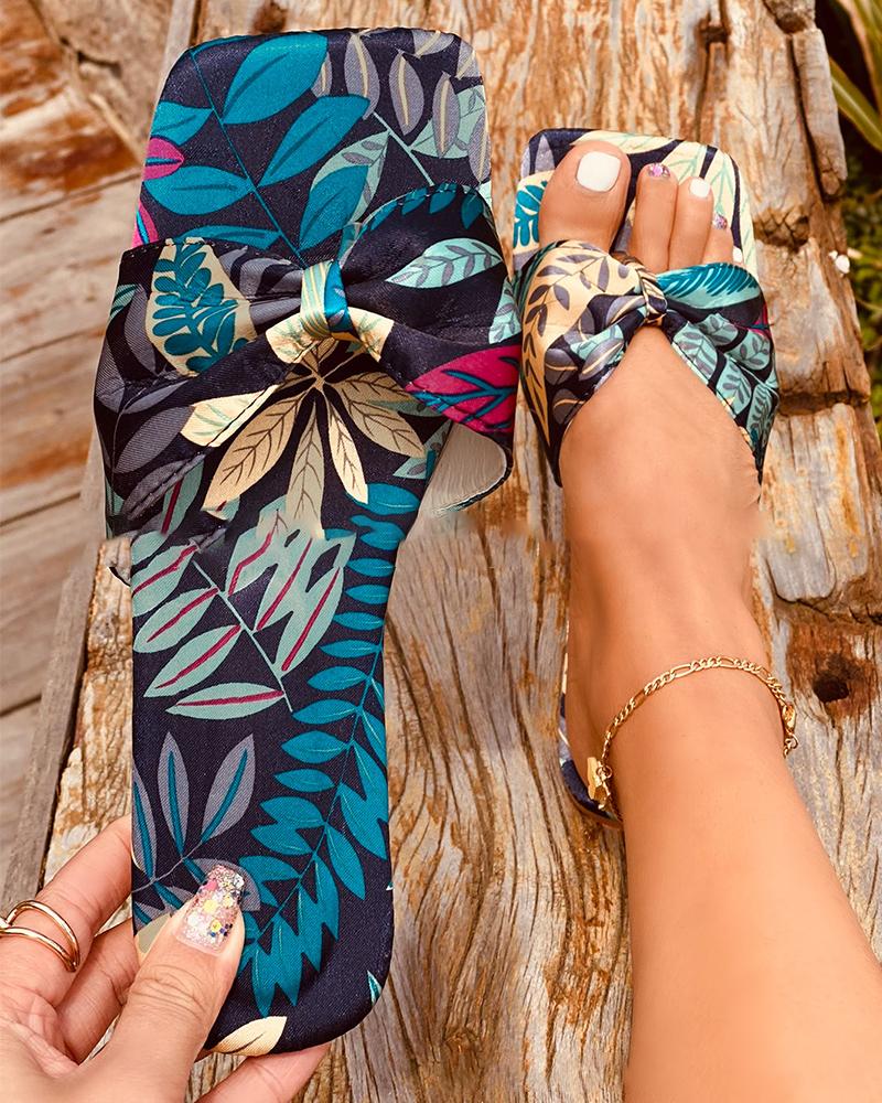 

Floral Print Bowknot Sqaure-toe Open-toe Flat Sandals, Black