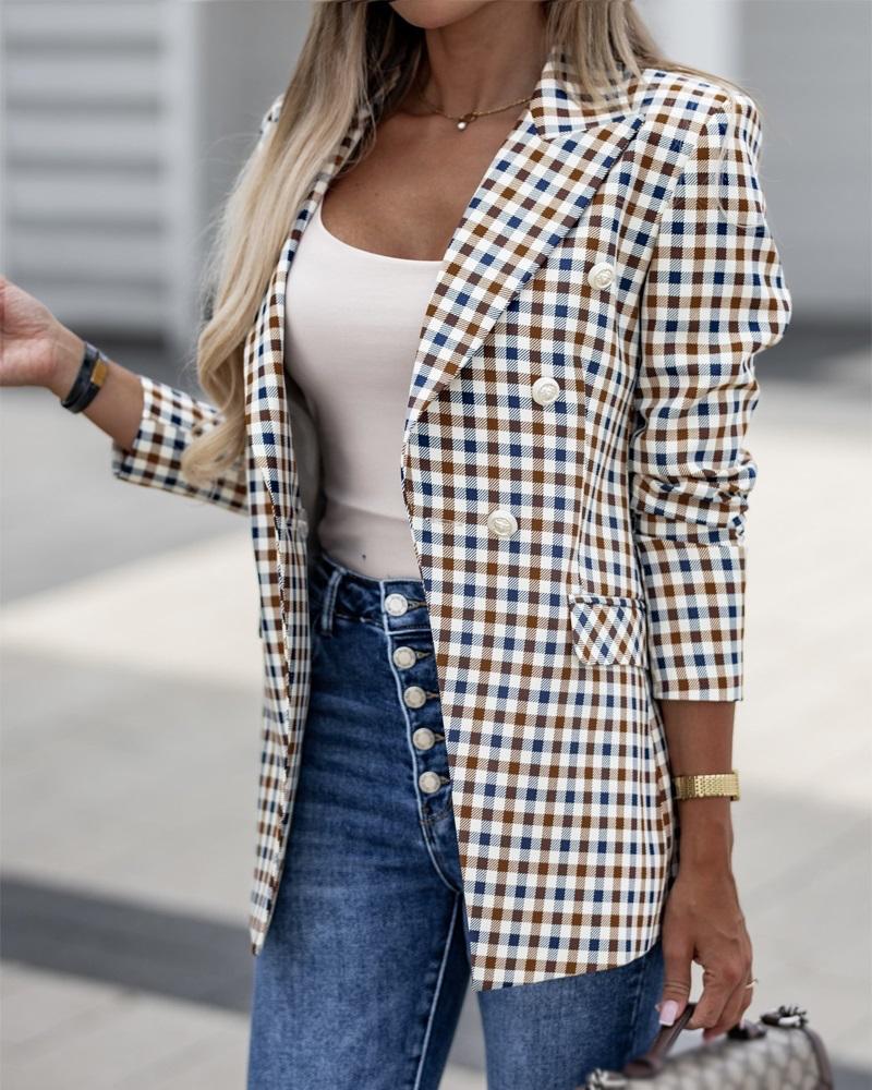 

Plaid Print Long Sleeve Double Breasted Blazer, Multicolor