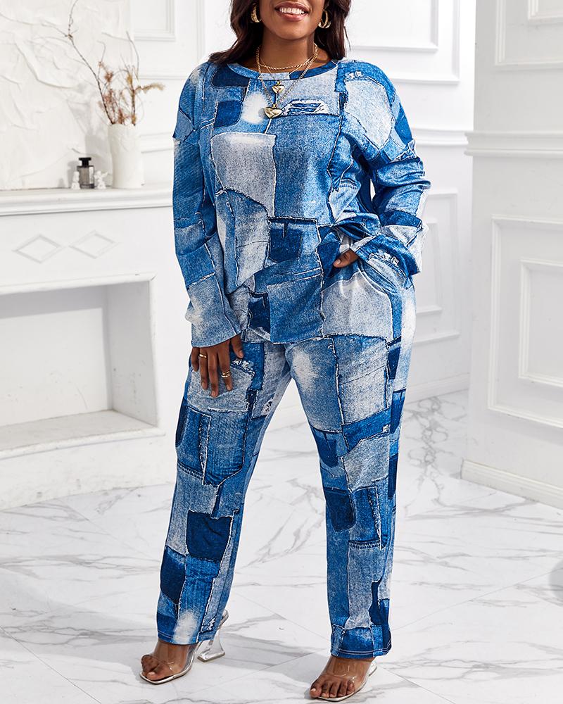 

Plus Size Denim Look Print Long Sleeve Top & Pants Set, Blue