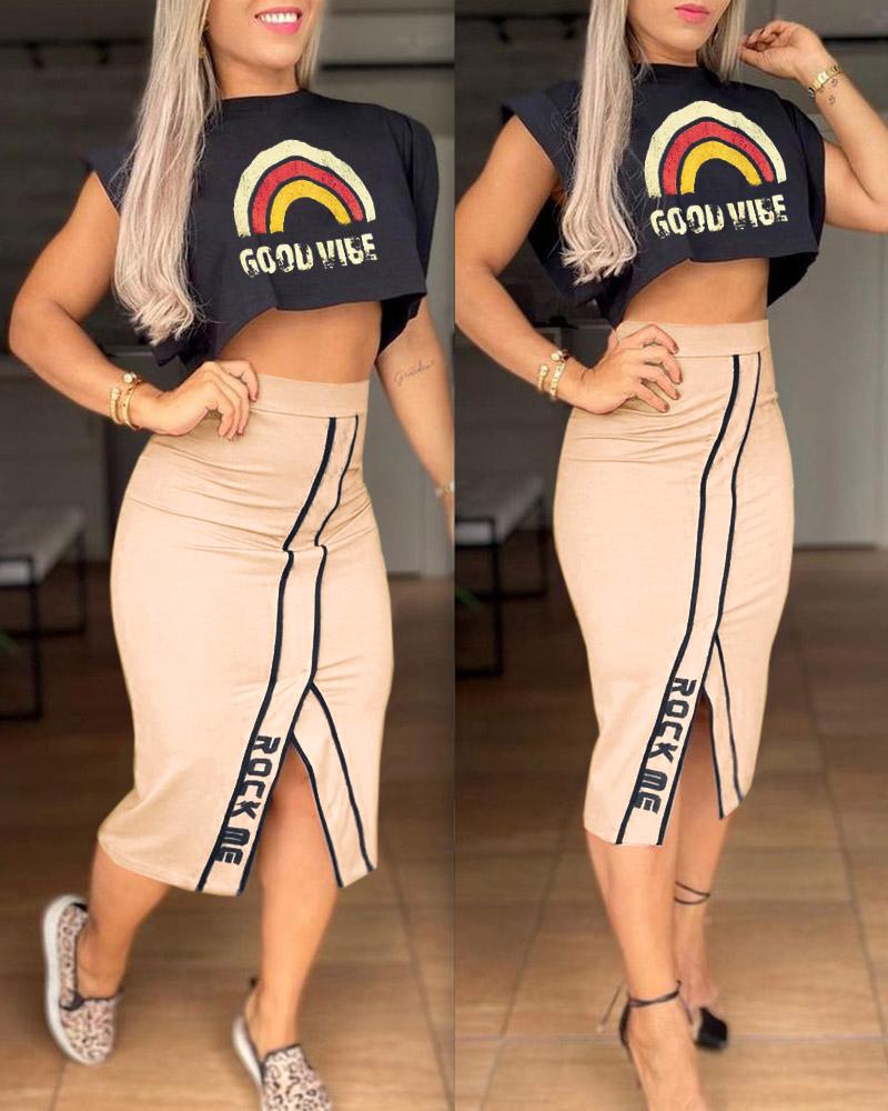 

Rainbow Letter Print Top & Slit Skirt Set, Apricot