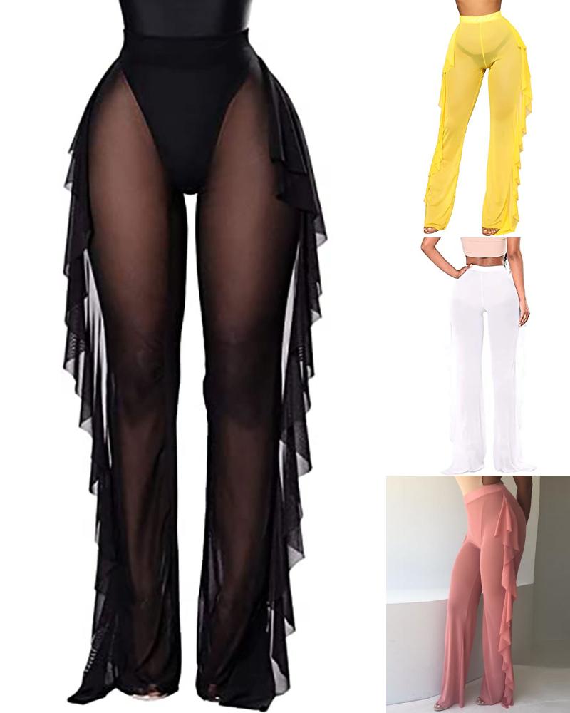 

Mesh Ruffle Hem Design Long Pants, Black