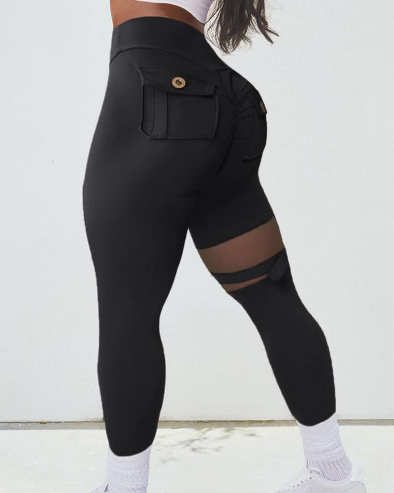 

Tummy Control Pocket Design Mesh Patch Yoga Pants, Black