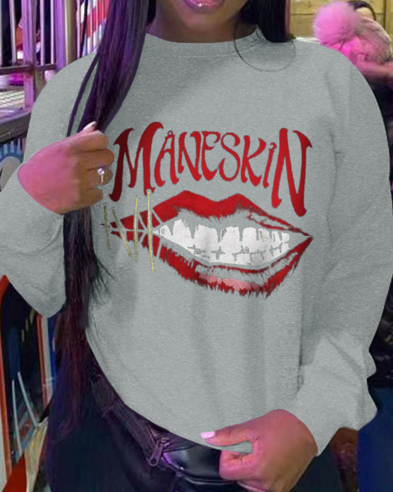 

Plus Size Lip Letter Print Long Sleeve Sweatshirt, Gray