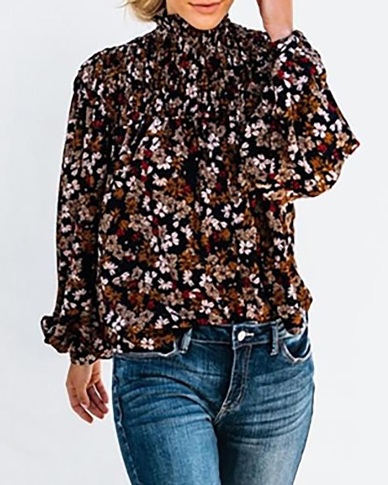 

High Neck Lantern Sleeve Floral Print Blouse, Black
