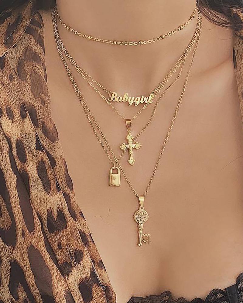 

Cross & Letter & Key Pendant Layered Necklace, Gold