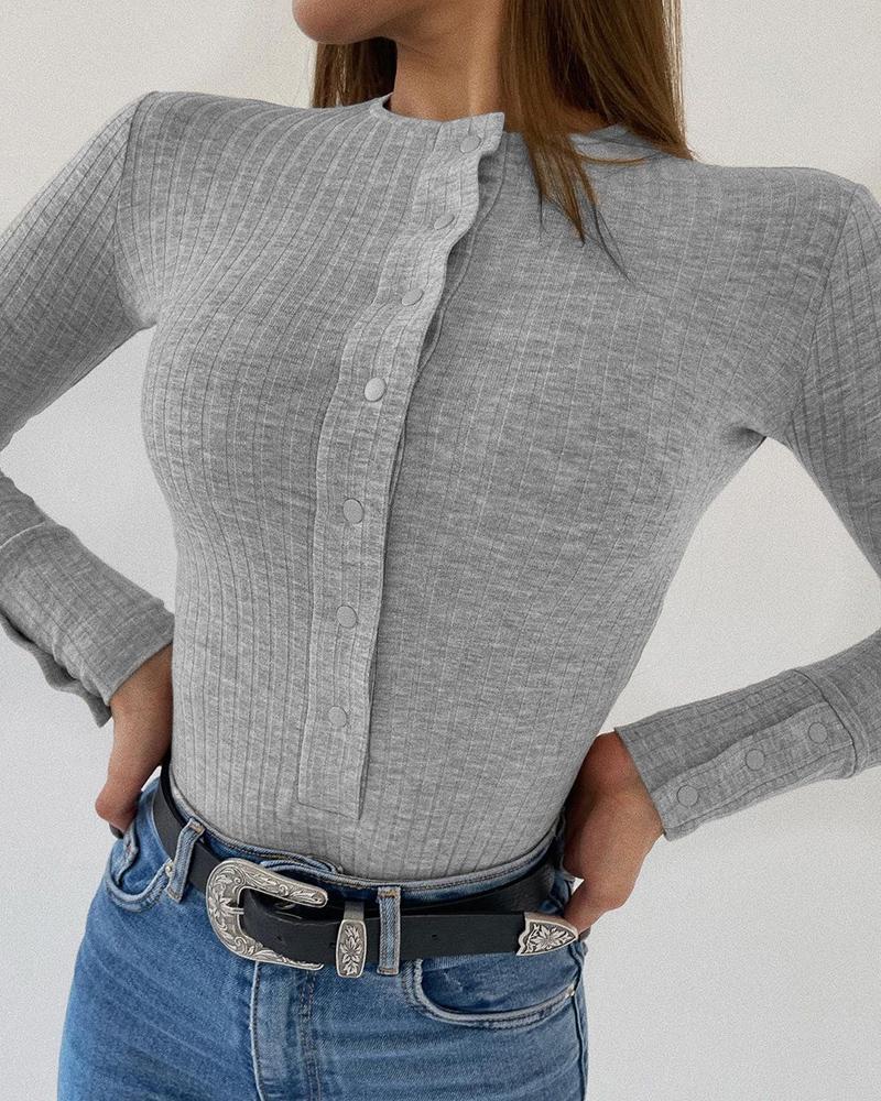 

Button Design Long Sleeve Ribbed Bodysuit, Light gray