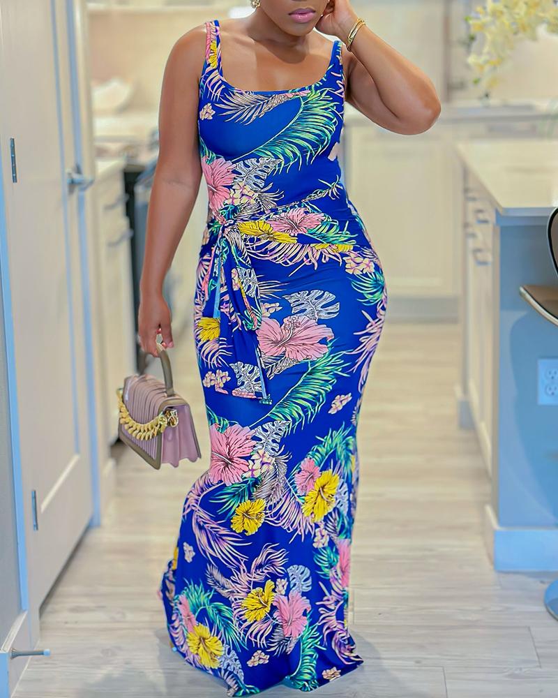 

Tropical Print Tied Detail Maxi Dress, Blue