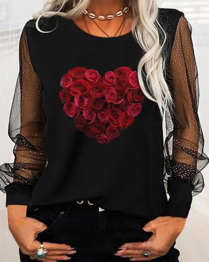 

Valentine' Day Floral Heart Print Contrast Mesh Long Sleeve Top, Black