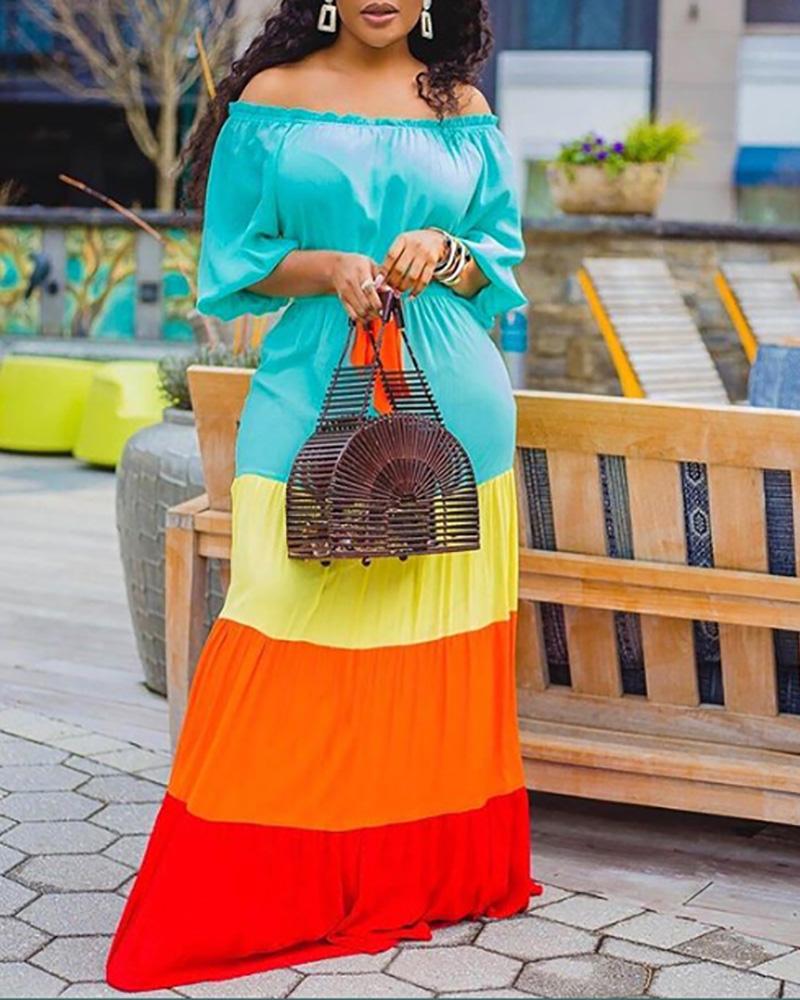 

Colorblock Lantern Sleeve Maxi Dress With Belt, Green