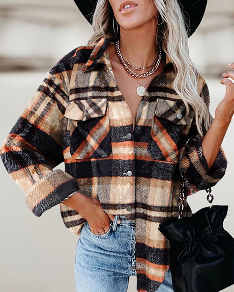

Plaid Print Colorblock Button Front Shirt, Orange