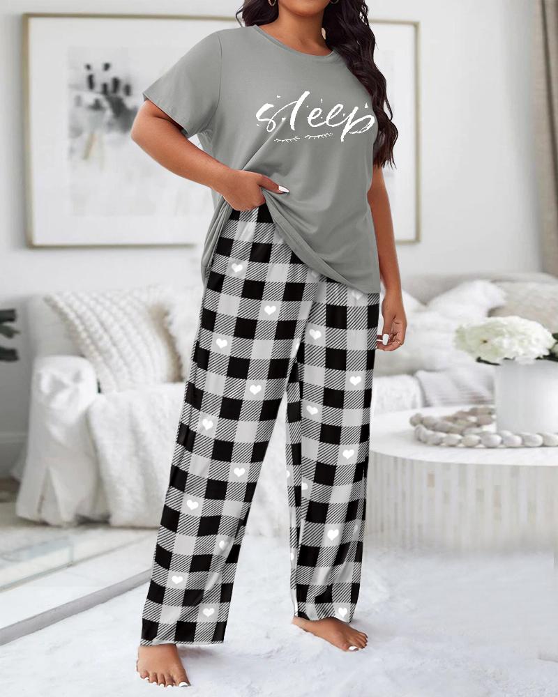 

Plus Size Sleep Plaid Heart Print Wide Leg Pajamas Set, Gray