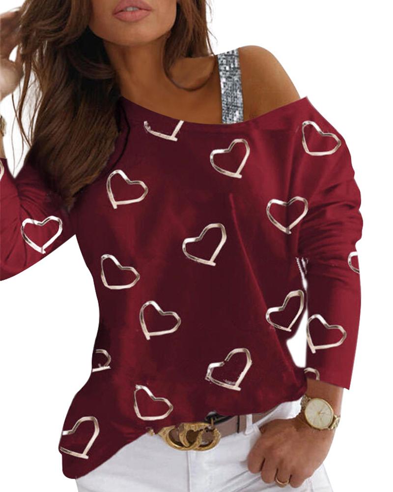 

Heart Pattern Sequins Cold Shoulder T-shirt, Wine red