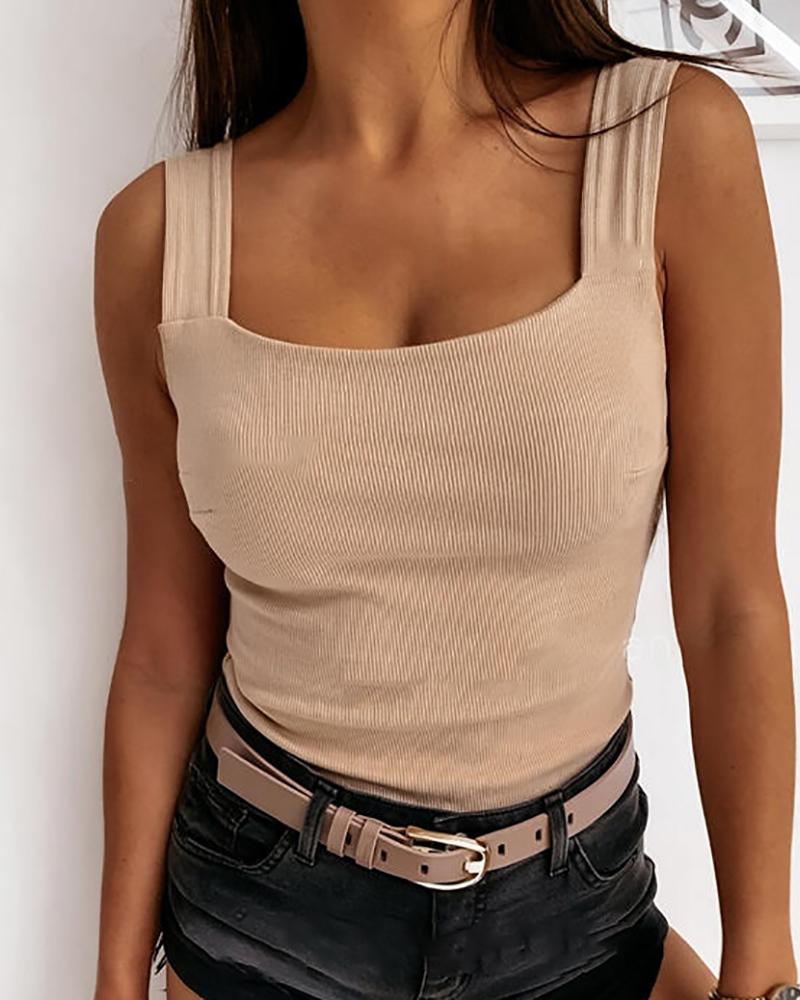 

Square Neck Backless Knit Basic Tank Top, Khaki