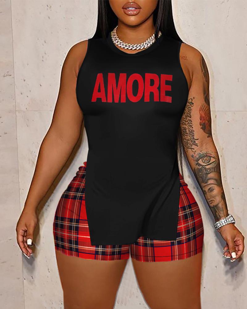 

Letter Print Split Hem Tank Top & Plaid Shorts Set, Red