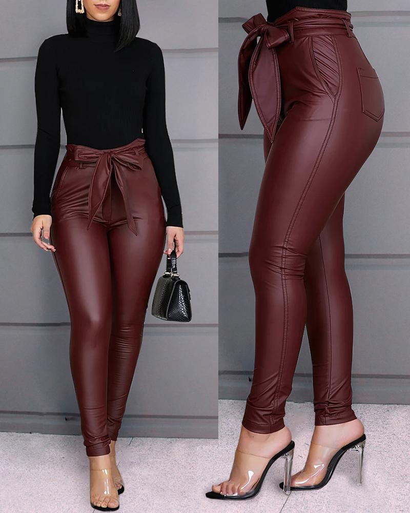 

Paperbag Waist Faux Leather Pants, Wine red