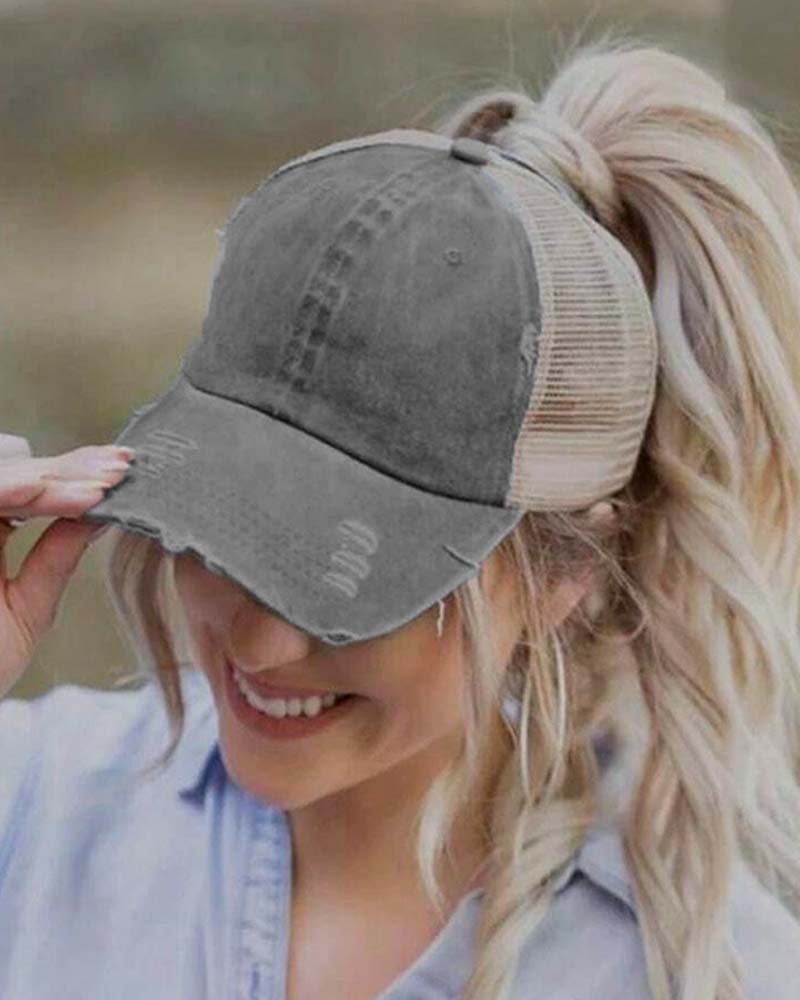 

Distressed Vintage Ponytail Baseball Cap, Gray