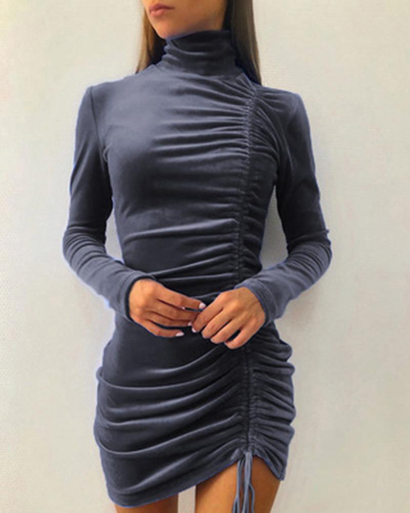 

Velvet High Neck Drawstring Ruched Party Dress, Dark grey