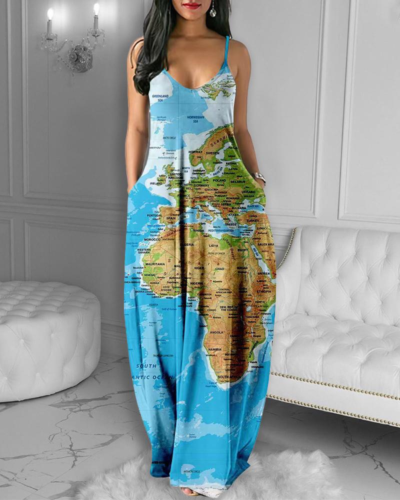 

Map Print Ruched Cami Maxi Dress, Sky blue