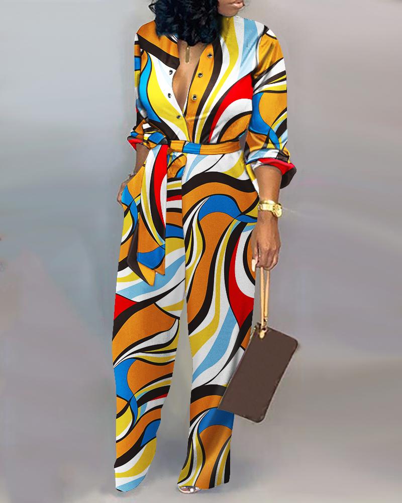 

Abstract Print Long Sleeve Belted Jumpsuit, Yellow