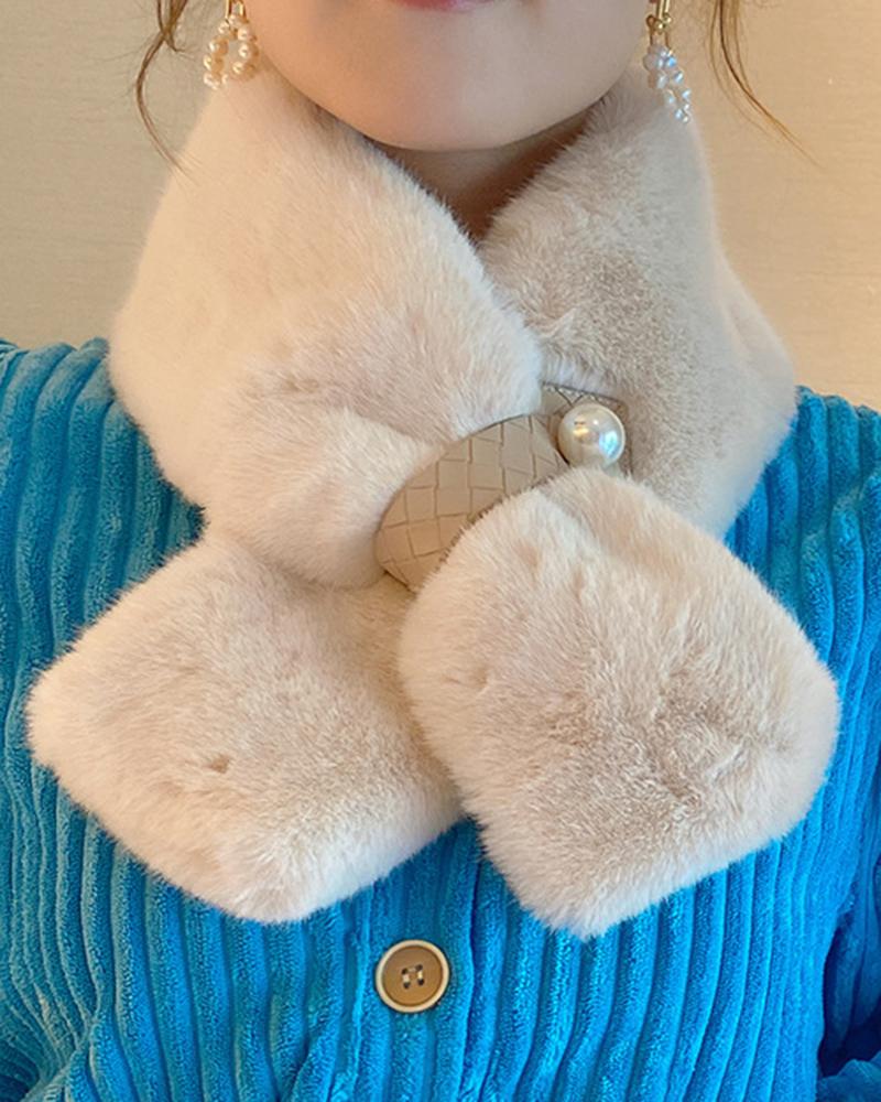 

Winter Soft Cross Neck Plush Pearl Decor Thicken Faux Rabbit Fur Shawl Collar Neck Wrap Scarf, Nude