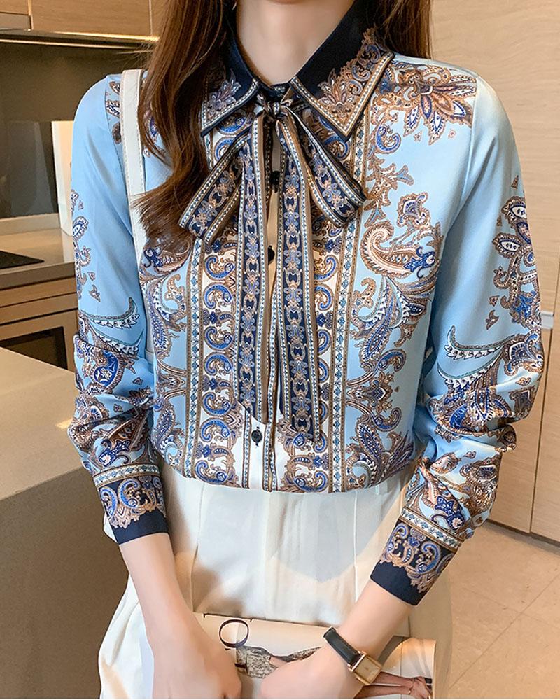 

Baroque Paisley Print Long Sleeve Button Down Retro Shirt, Blue