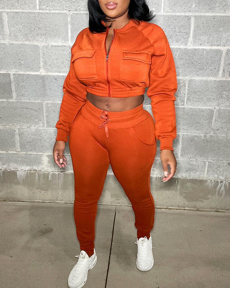 

Zipper Pocket Design Crop Sweatshirt & Pants Set, Orange