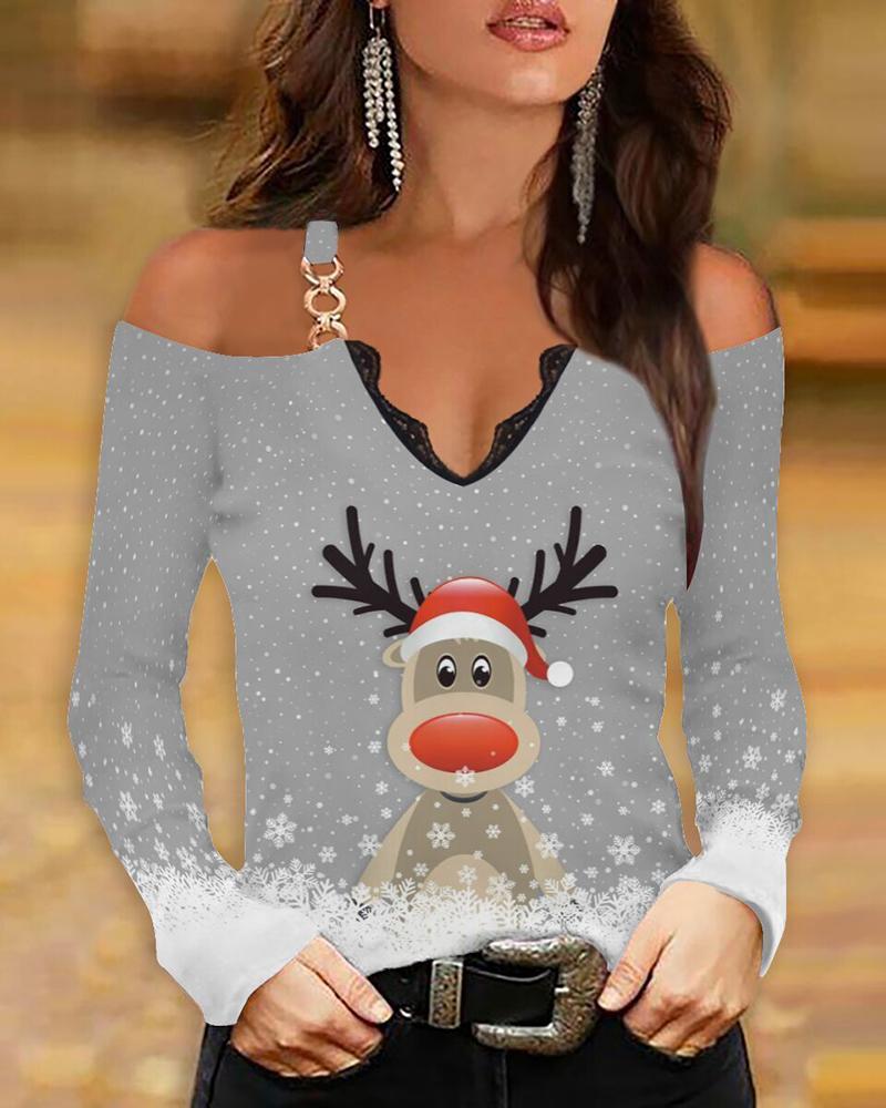 

Christmas Elk Snowflake Print Cold Shoulder Lace Trim Top, Gray