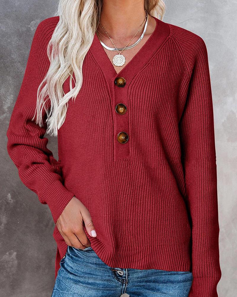 

Button Detail Long Sleeve Knit Sweater, Red
