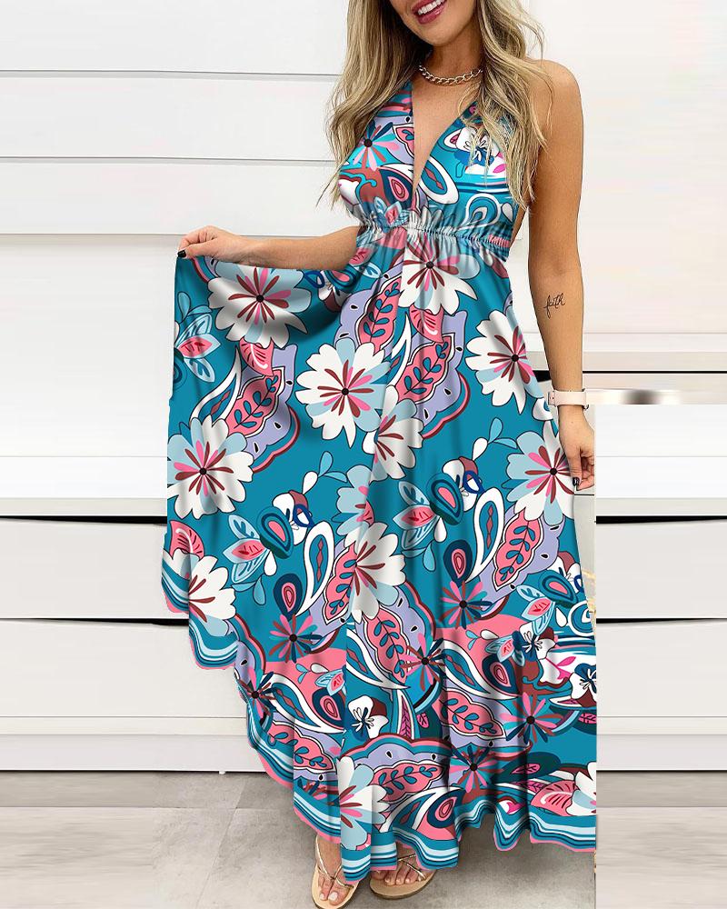 

Floral Print Halter Backless Maxi Dress, Multicolor