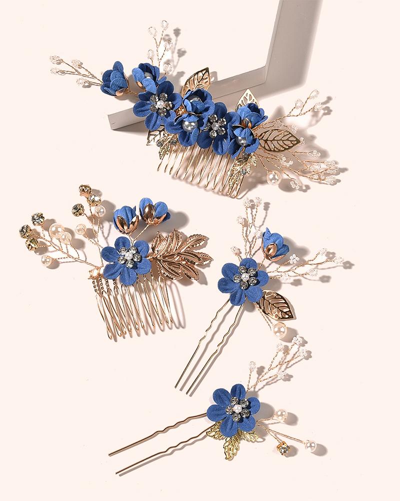 

4pcs Wedding Bridal Hair Comb Clips Leaf Pearl Hairpins Crystal Floral Jewelry Headpieces Set, Dark blue