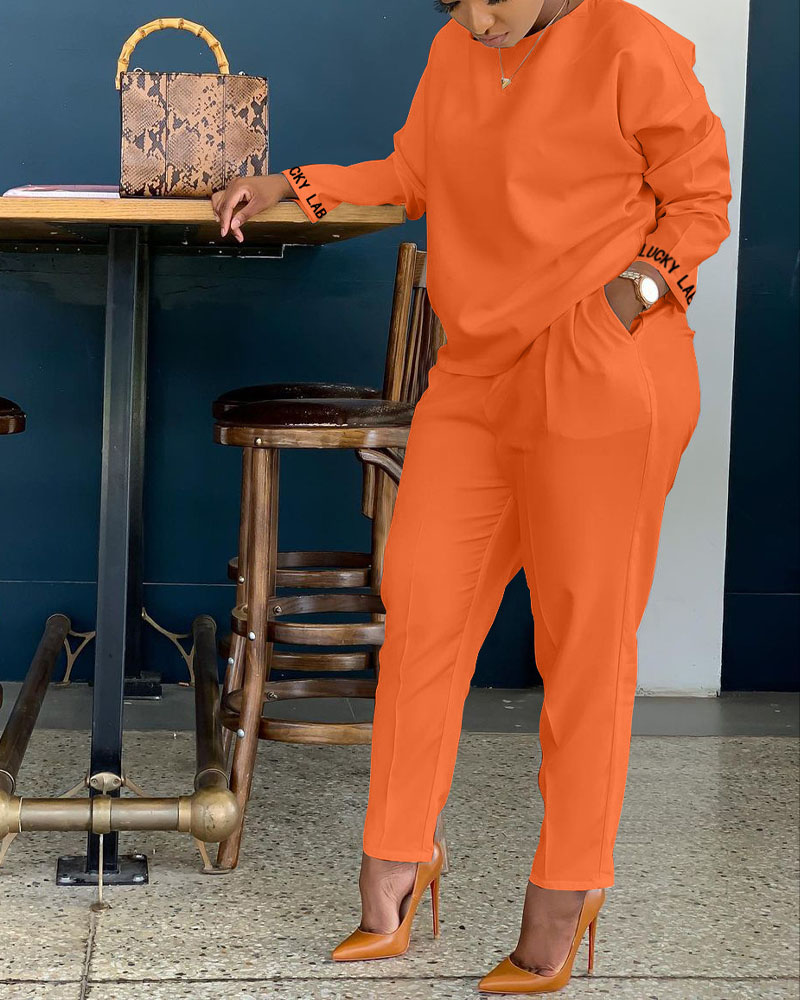 

Embroidery Letter Trim Long Sleeve Top & Pants Set, Orange