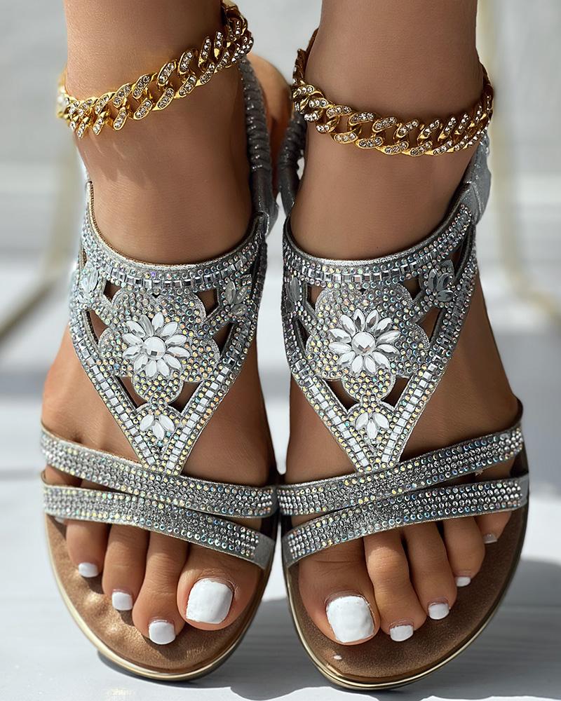 

Rhinestone Tribal Floral Pattern Summer Beach Sandals, Silver