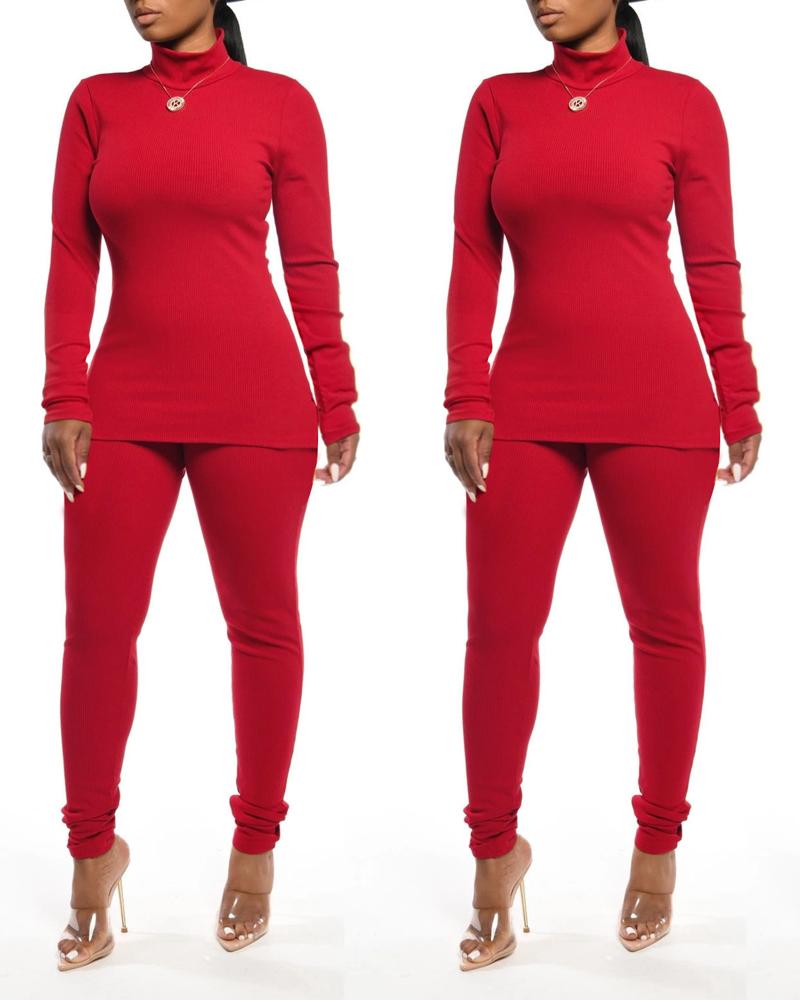 

Long Sleeve High Neck Top & Pants Set, Red