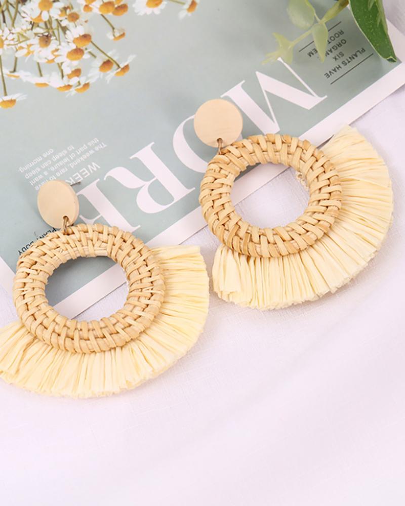 

1Pair Braided Geo Shaped Tassel Design Drop Earrings, Style1