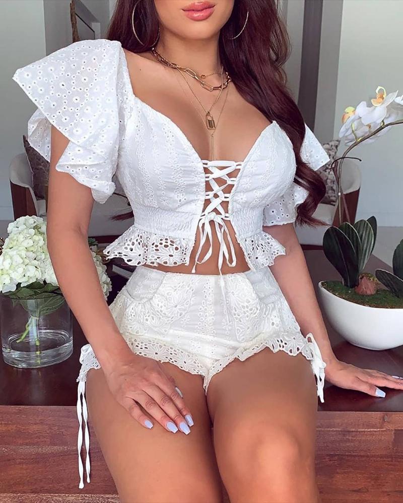 

Eyelet Embroidery Ruffles Lace-up Top & Shorts Set, White