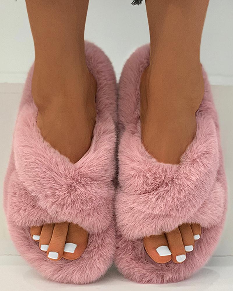 

Bandage Peep Toe Fluffy Slippers, Pink