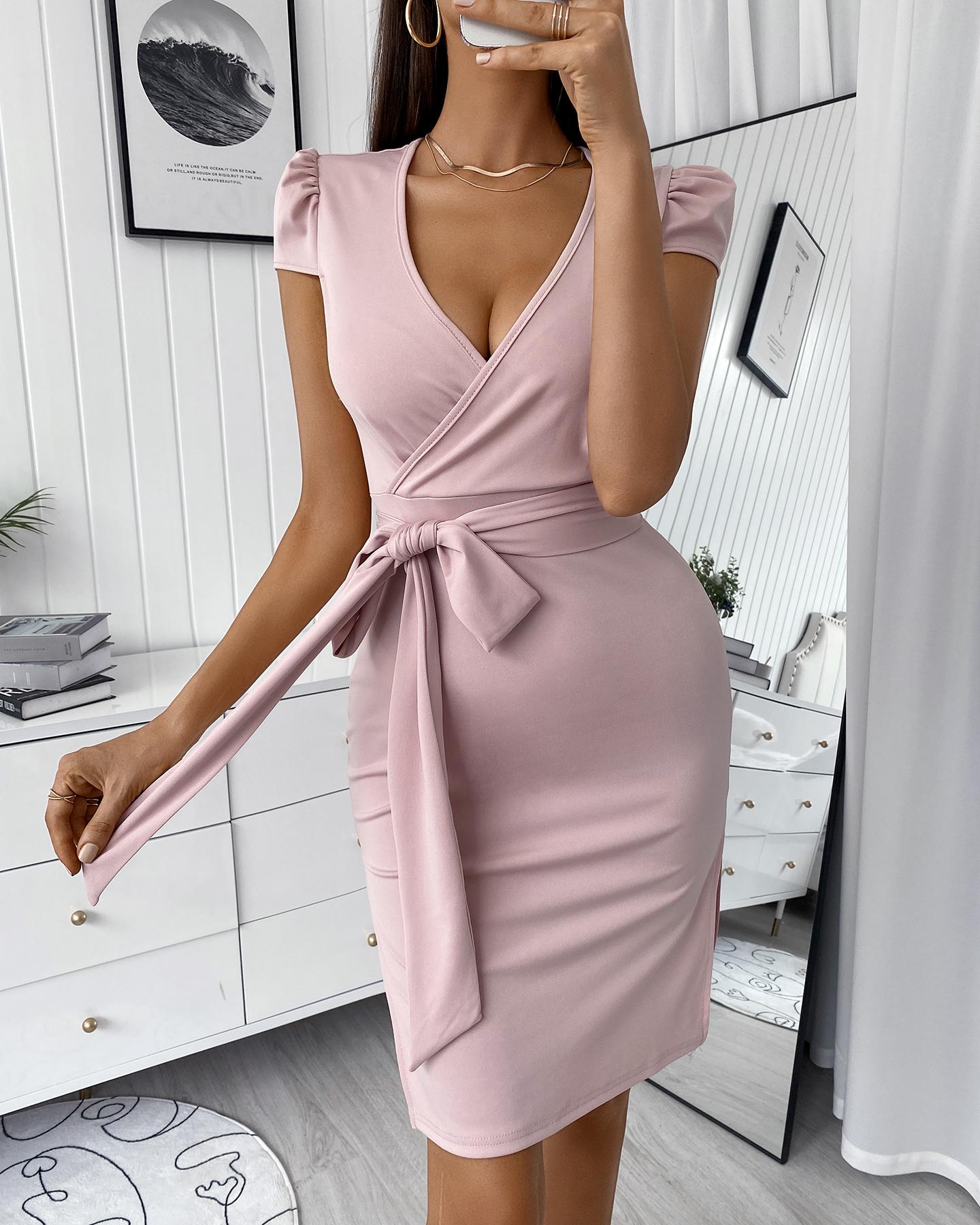 

Puff Sleeve Split Hem Belted Work Dress, Pink