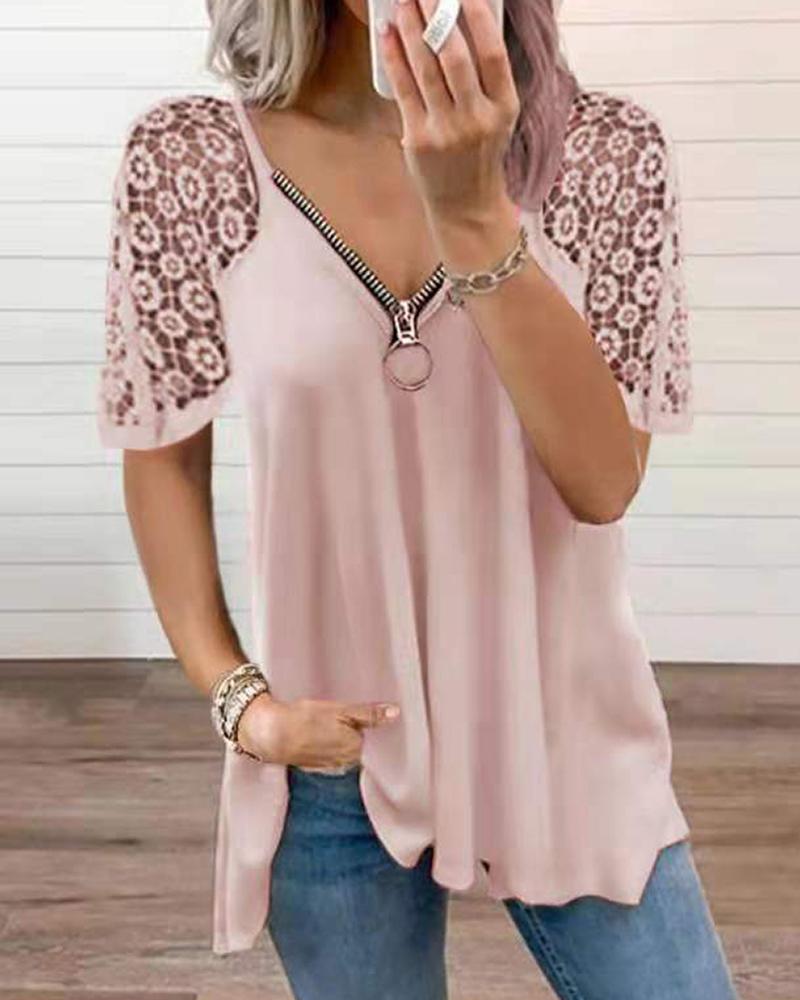 

Heart Pattern Contrast Lace Zipper Design T-shirt, Pink