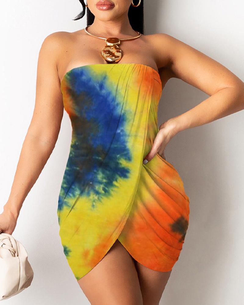 

Tie Dye Print Bandeau Asymmetrical Mini Dress, Multicolor