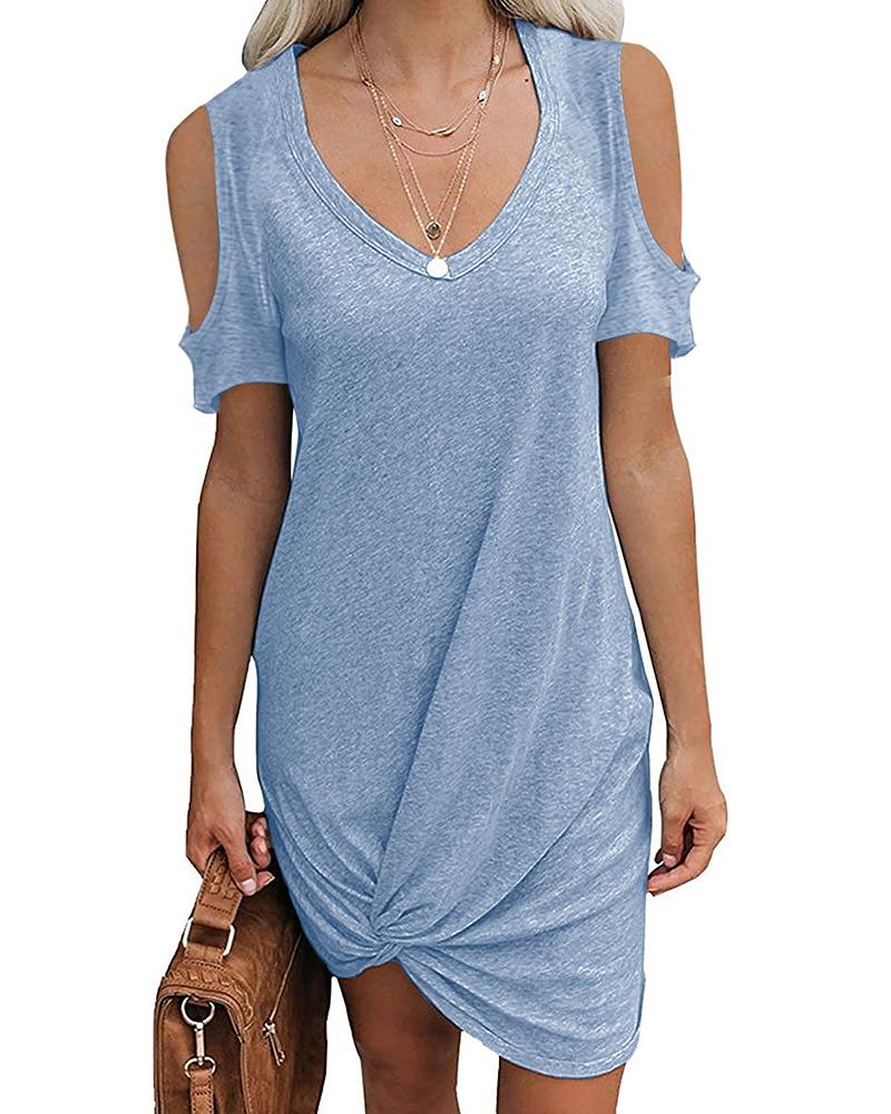 

Solid Color Cold Shoulder Twisted Knot Dress, Blue